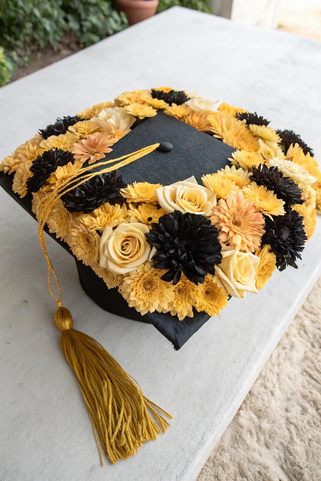A creative graduation cap blossom creation.