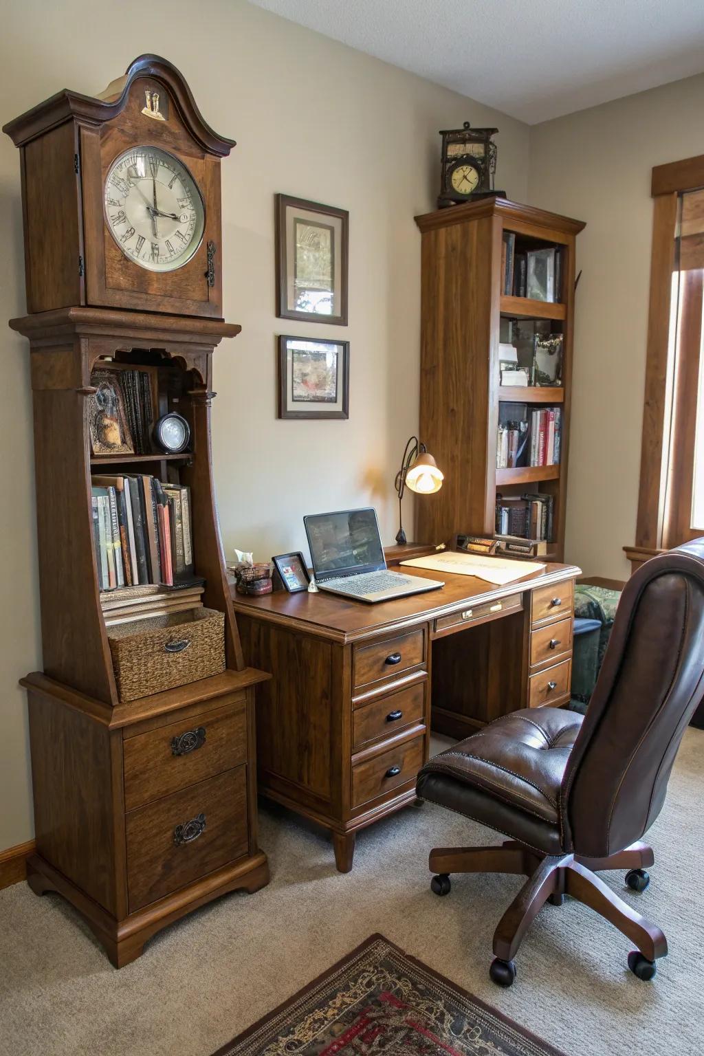 A pendulum timepiece enriches the style of a work-from-home area.