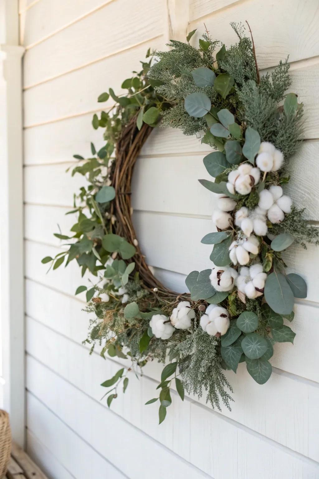 A farmhouse style grapevine wreath with fiber stalks.