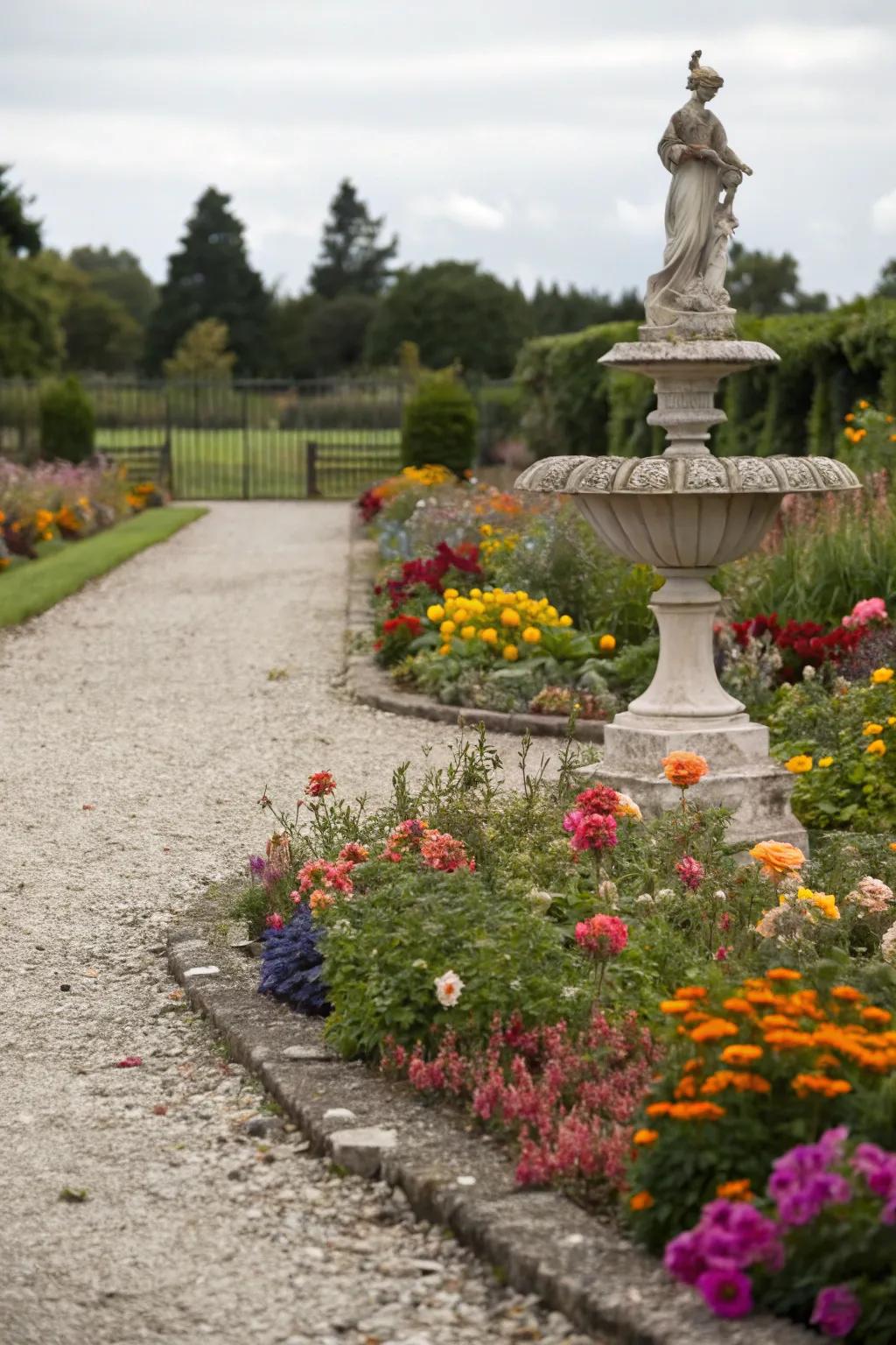 A decorative figure adding flair to a stone flower bed