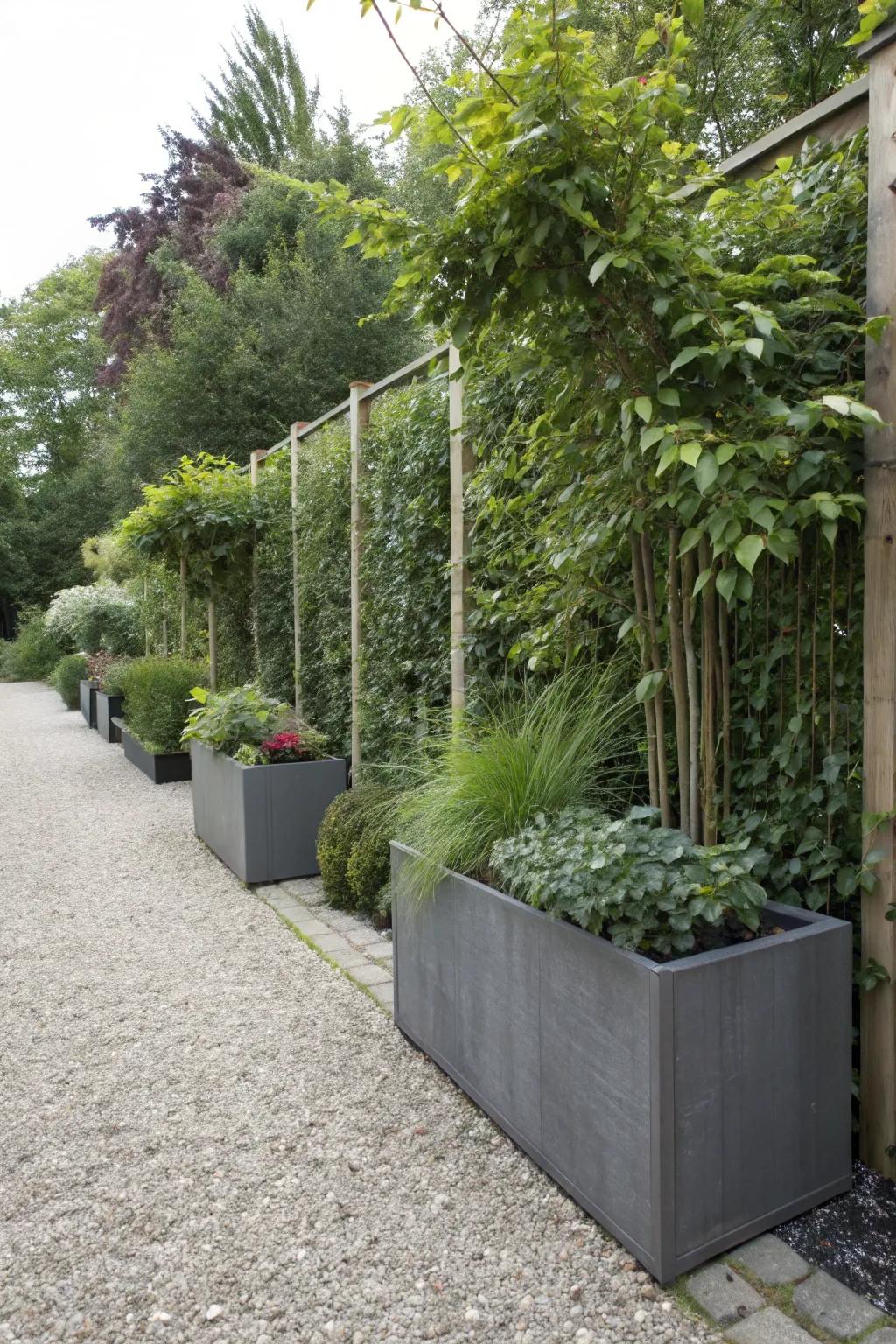 Tall planters add privacy and structure to a gravel garden.