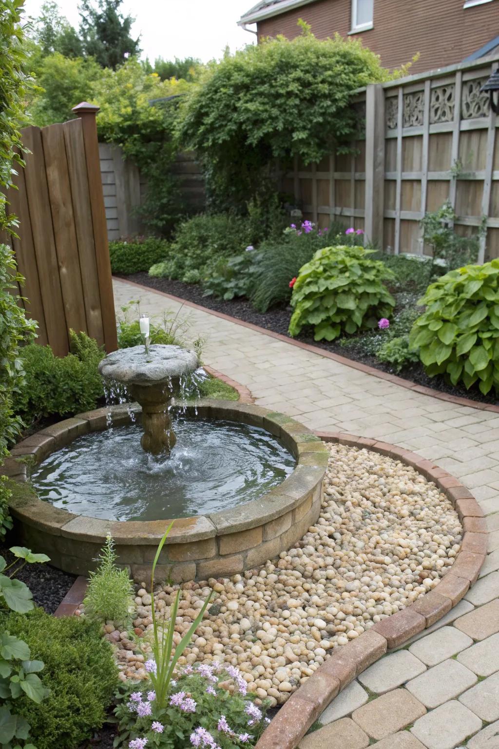A calming water feature along with pebbles in a garden setting.
