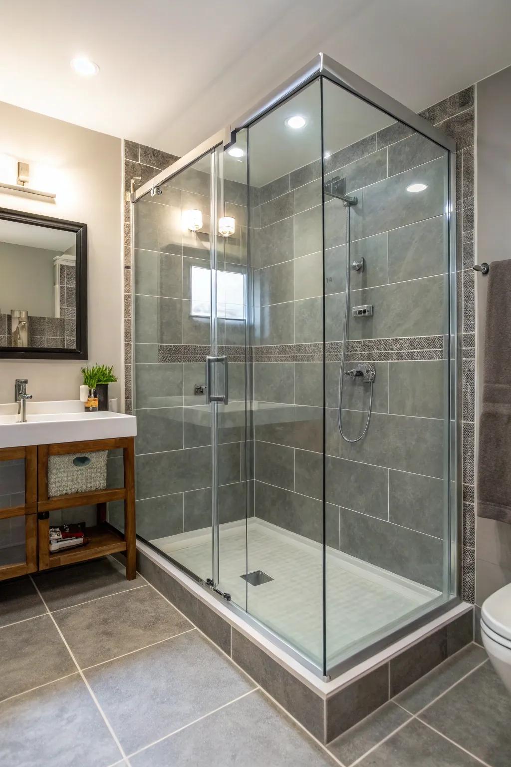 The spacious, airy atmosphere of the bathroom is upheld by borderless glass showers.