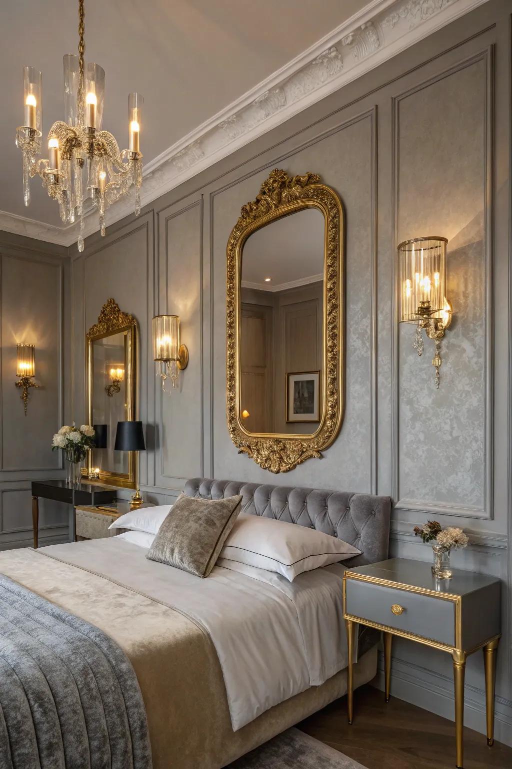 A glamorous gray bedroom featuring gilded features.