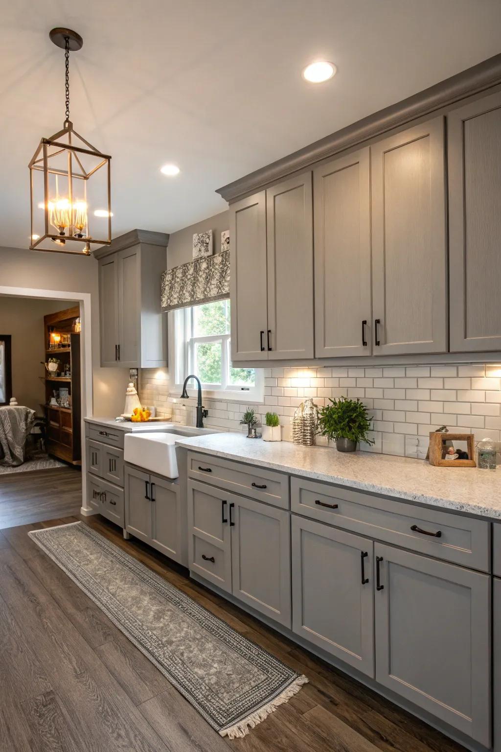 Gray serves as a soothing backdrop in this adaptable kitchen design.