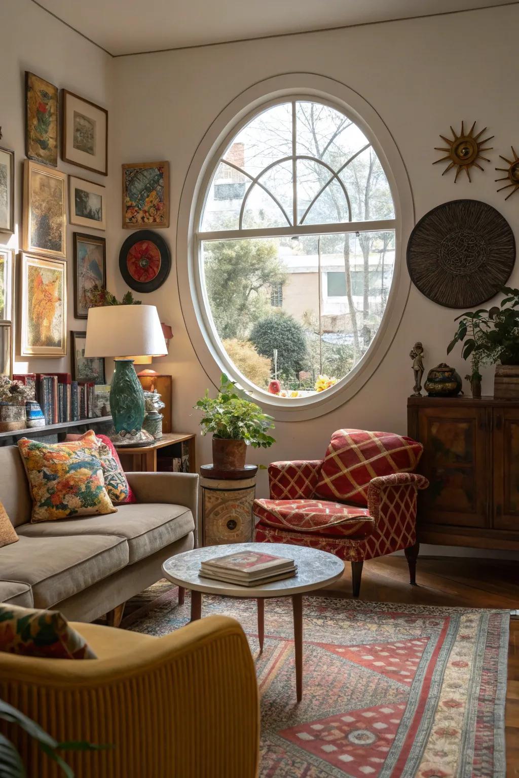 A round window adds a touch of fun to this eclectic family room.