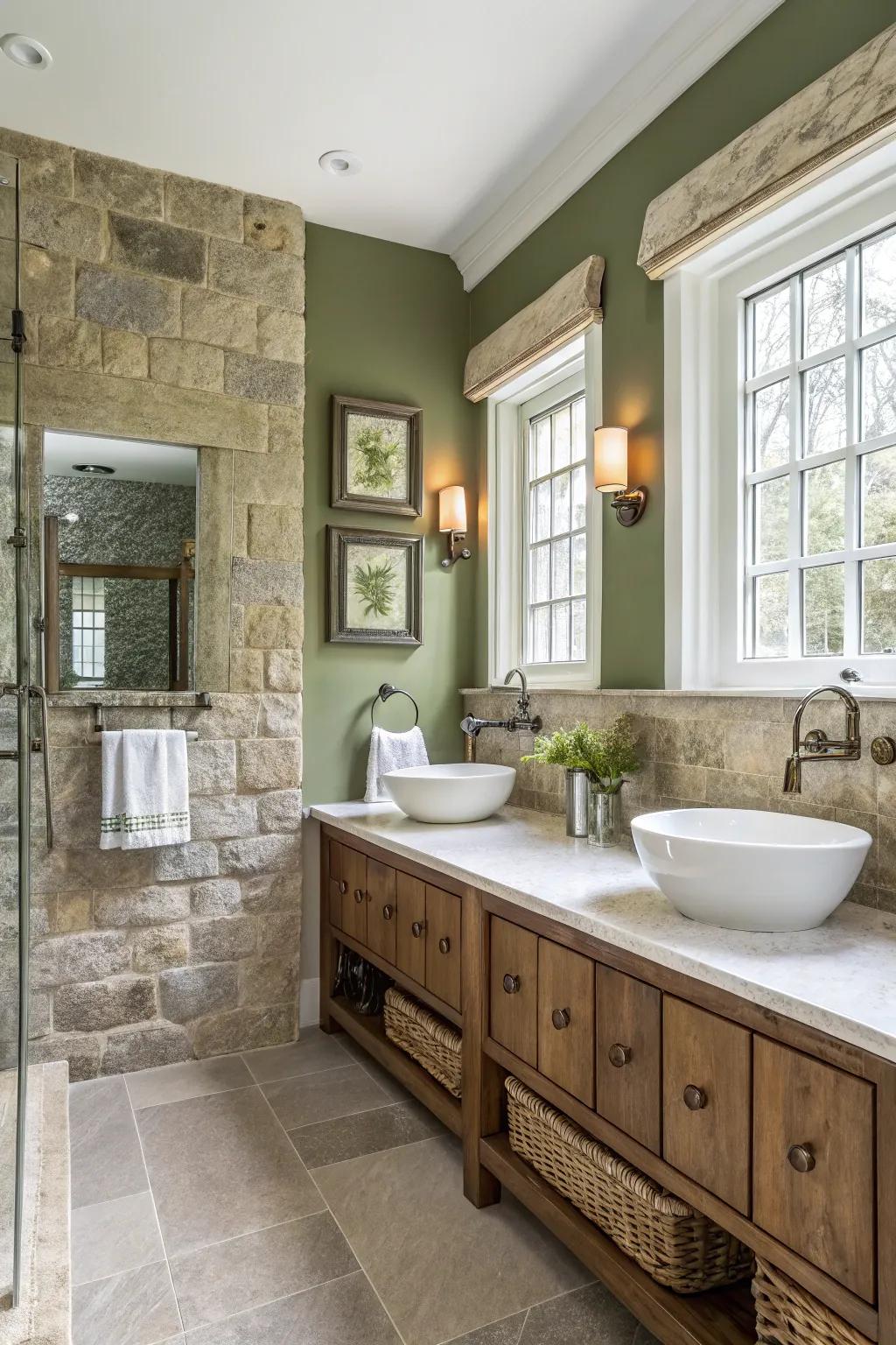 Earthy green walls create a spa-like atmosphere in this washroom.