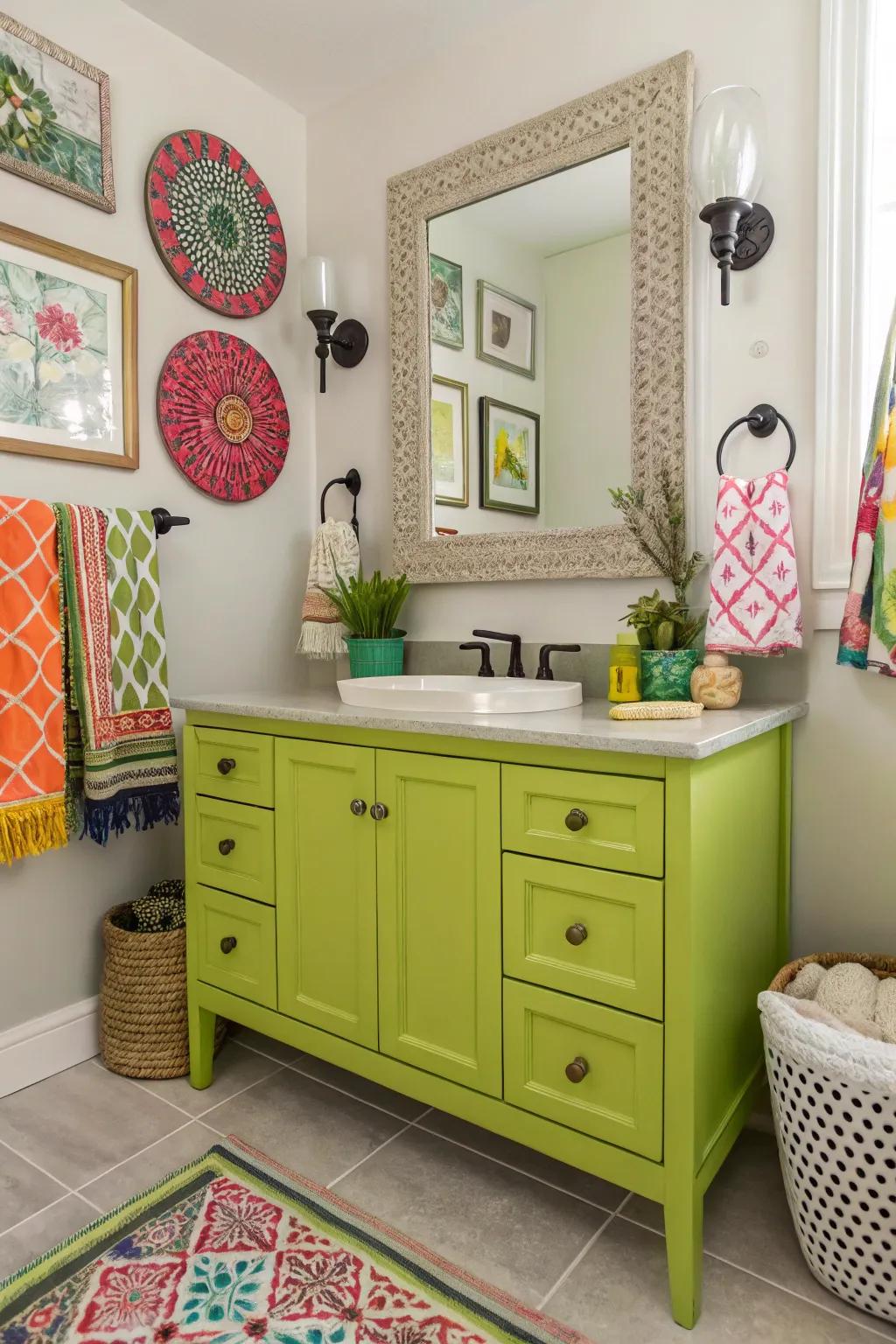 Chartreuse green vanity creating a bold design statement.