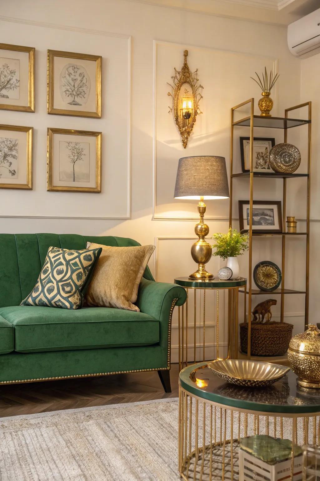 Shining highlights inject a touch of refinement and opulence into a green sofa arrangement.