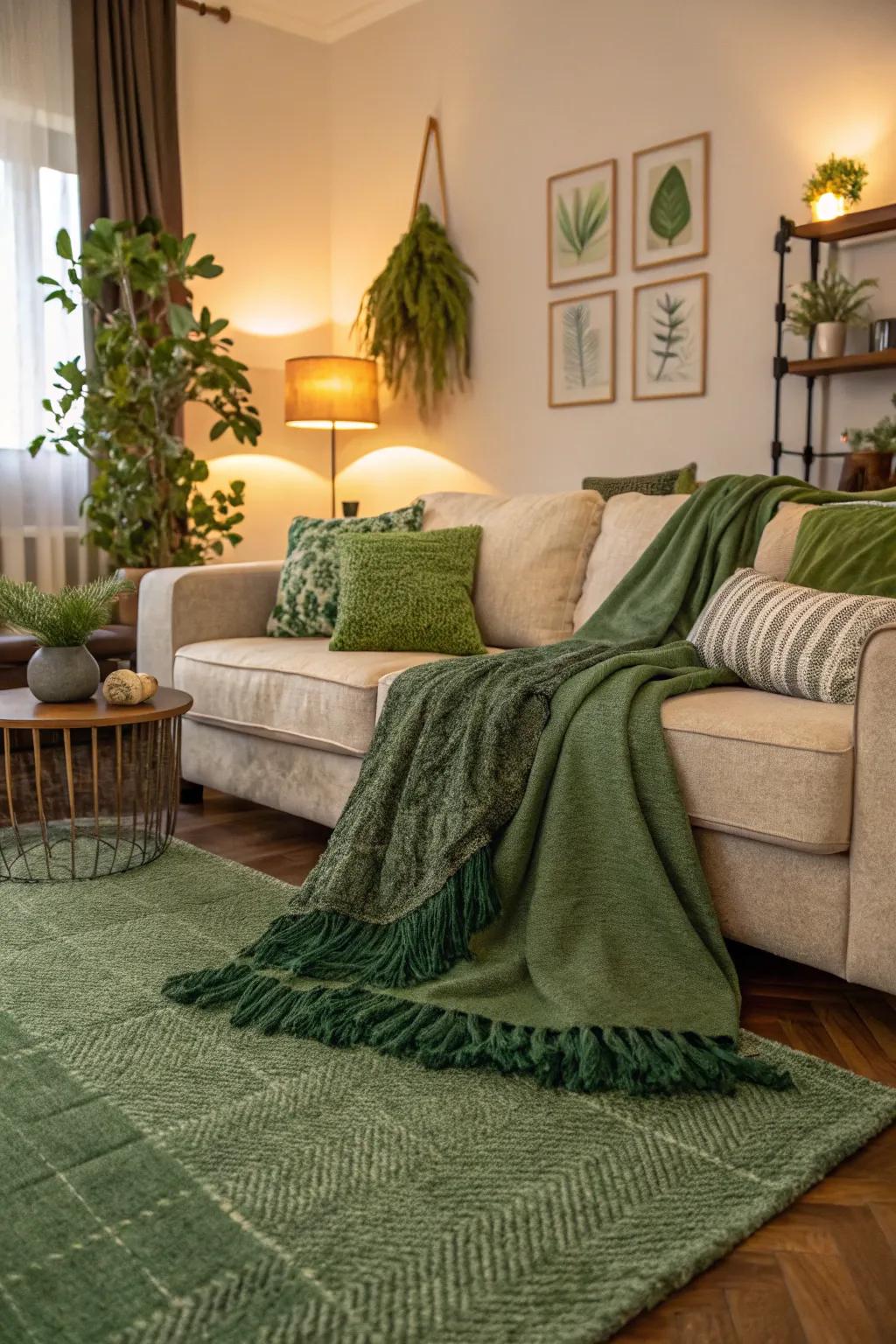 Layering green fabrics adds warmth and depth to your space.