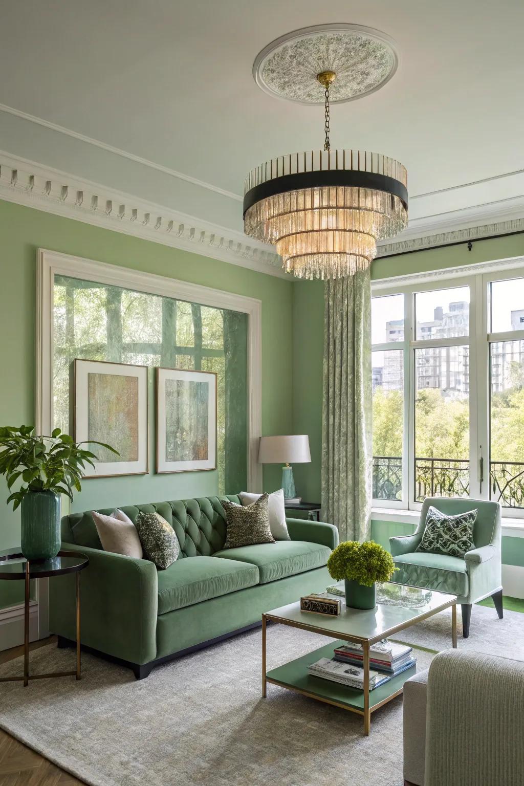 Both natural and artificial light enrich this green lounge.