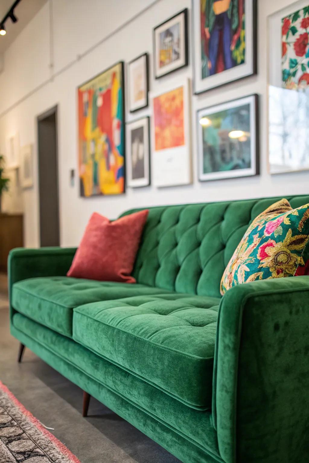 A gallery-like living space featuring a green velvet sofa and striking artwork.