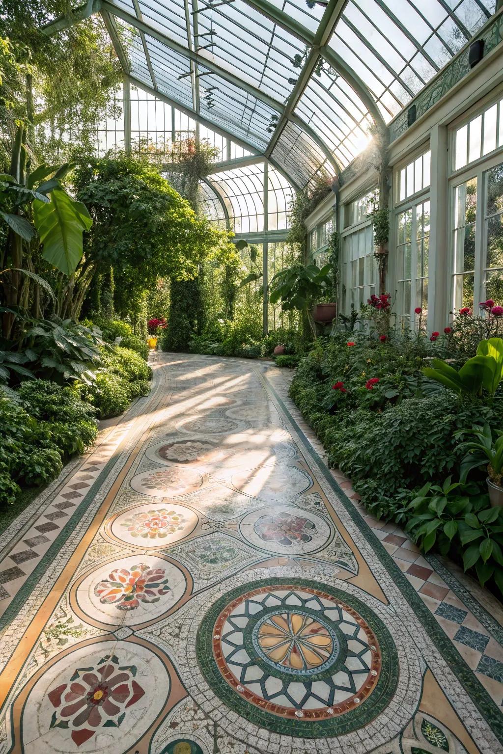 Mosaic designs transform your greenhouse floor into a masterpiece.