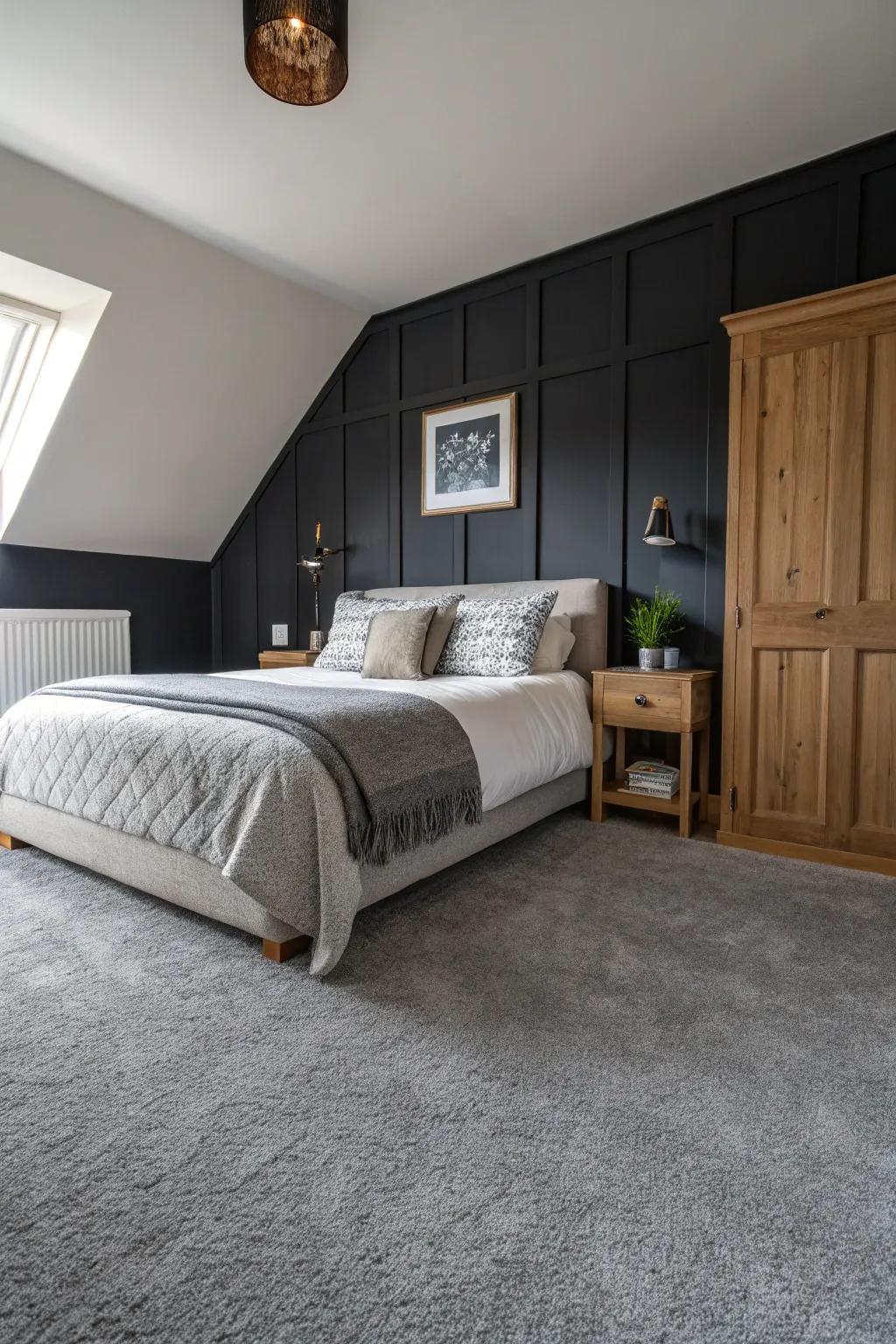 Dark walls offer a dramatic backdrop to the grey carpet, adding depth to the room.