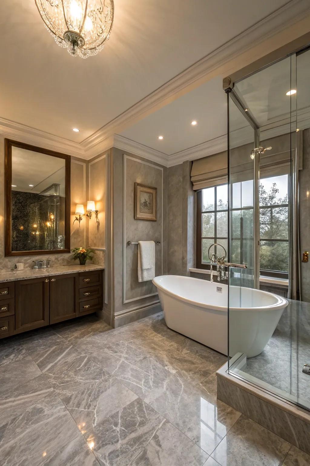 Grey marble floors make an extravagant and timeless appearance in this bathroom.