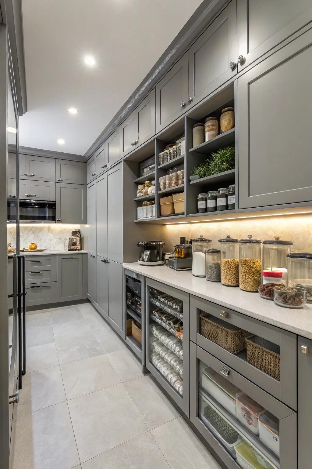 Useful design keeps a grey kitchen organized and efficient.