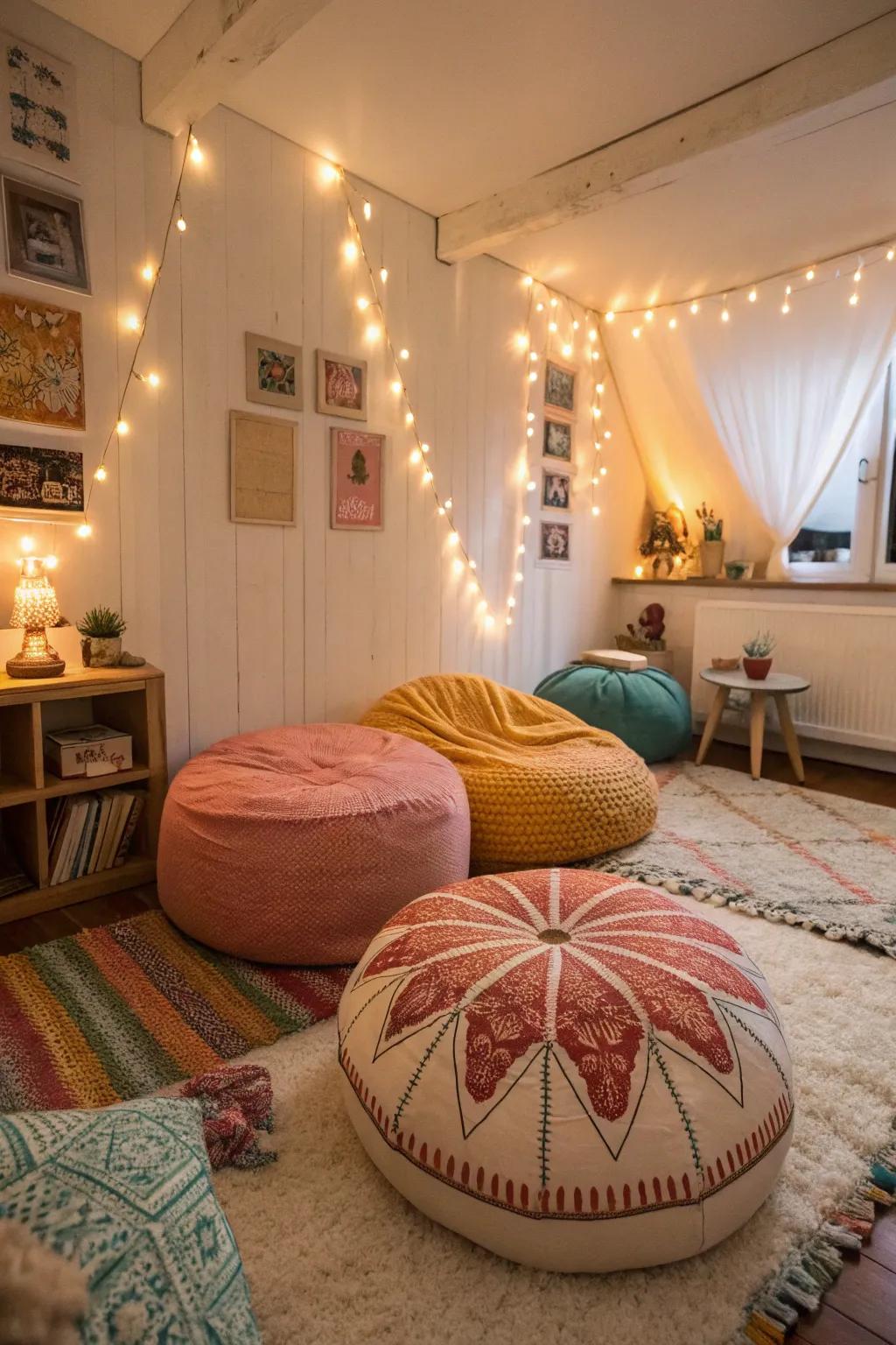 Vintage floor seating creates a casual and inviting atmosphere.
