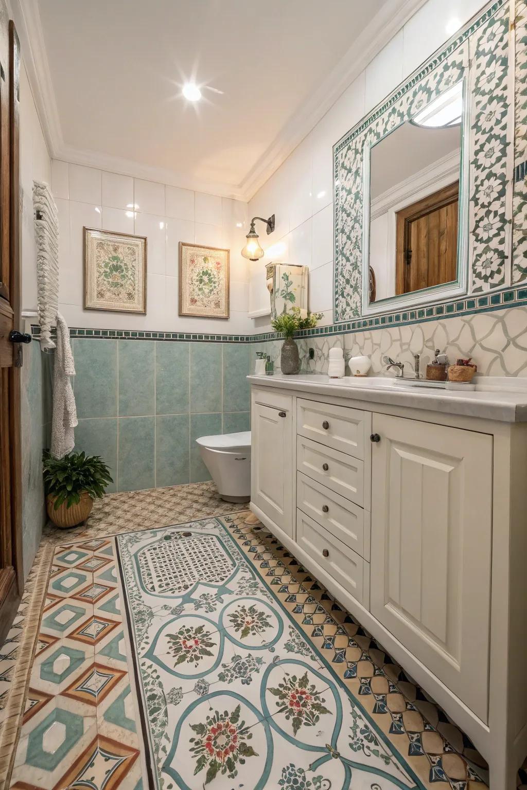 A guest bathroom showcasing accent tiles with a patterned floor design.