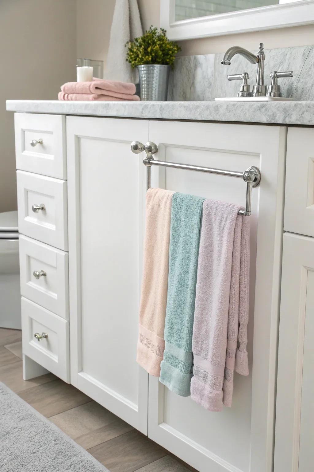 Maximize space with towel holders that mount over cabinet doors.