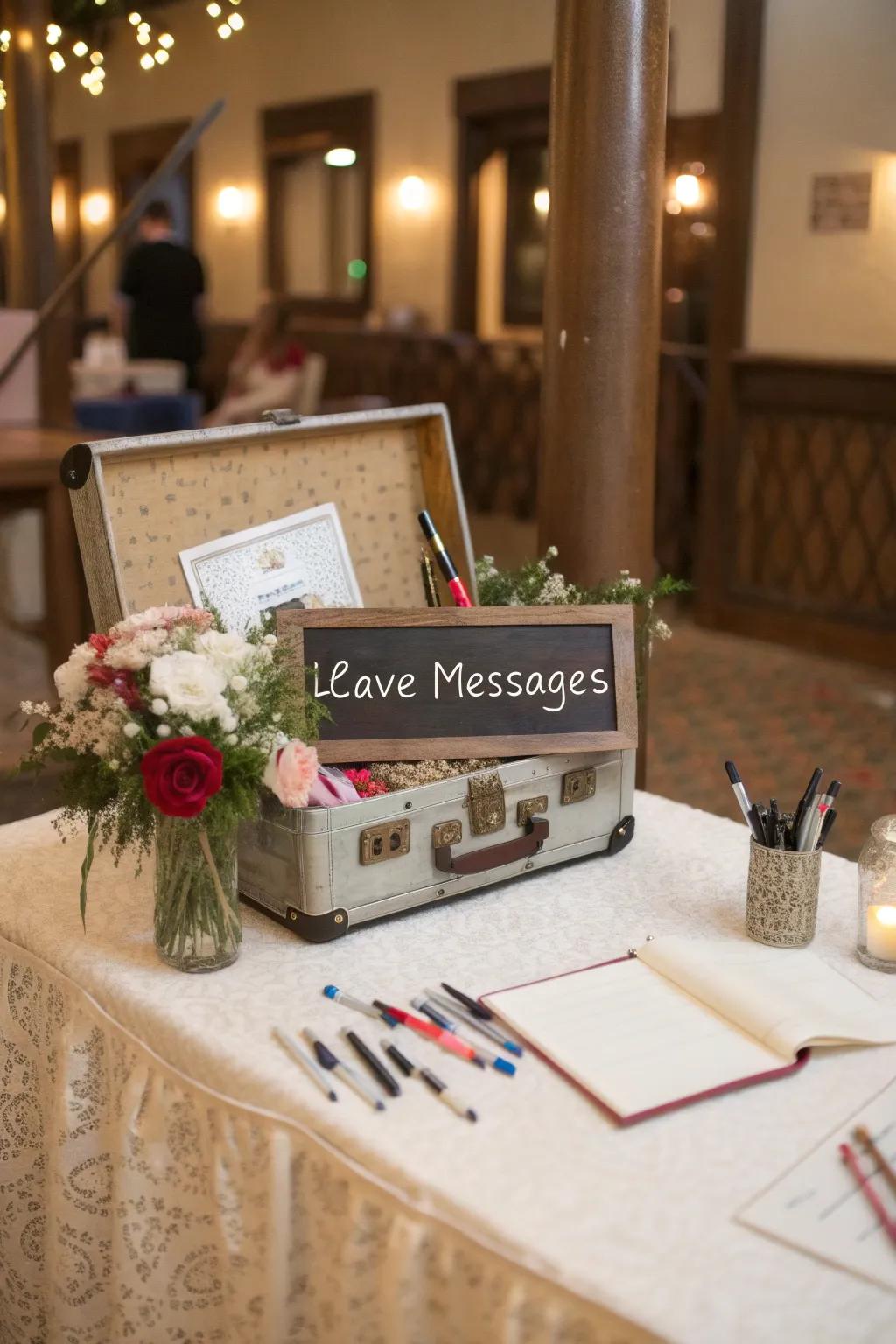 A time-honored travel case provides a charming holder for guest wishes.