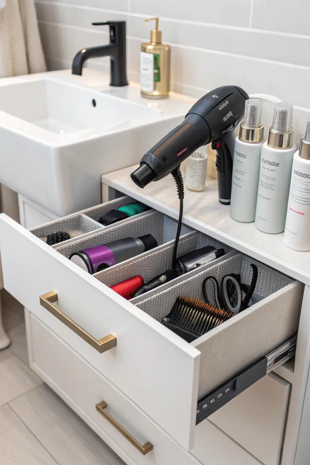 Dedicated compartments keep hair tools organized and free from tangles.