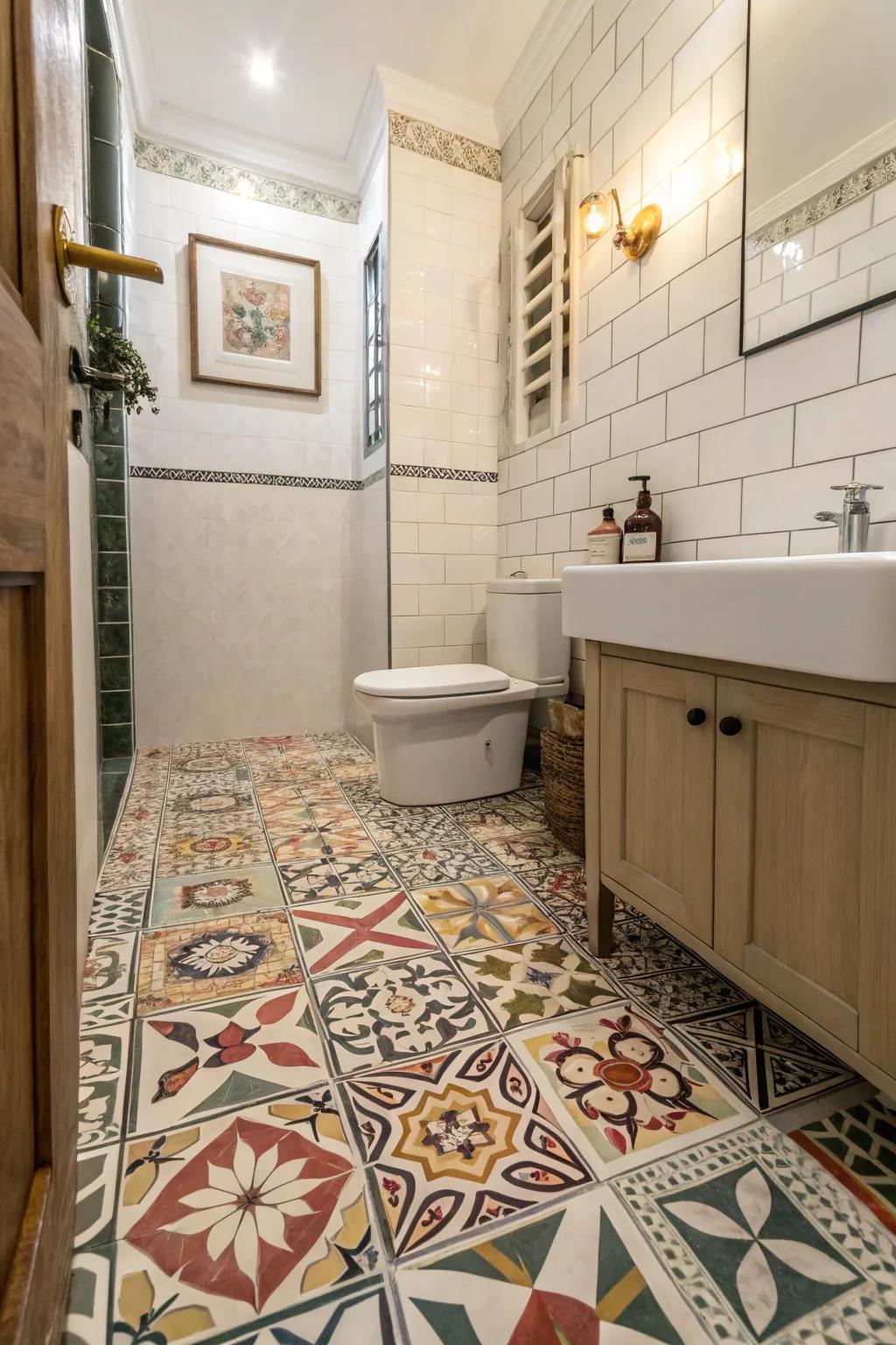 Add a modern touch to your half bath’s flooring with geometric tiles.