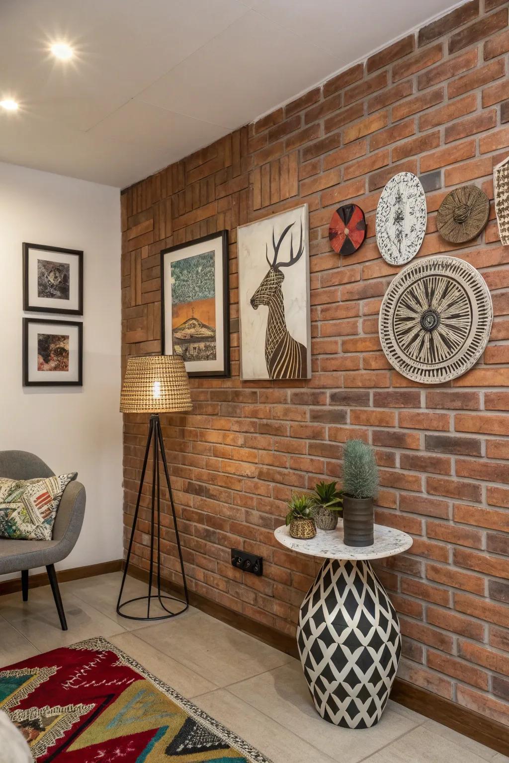 An inventive room with unique art and a partial brick wall.