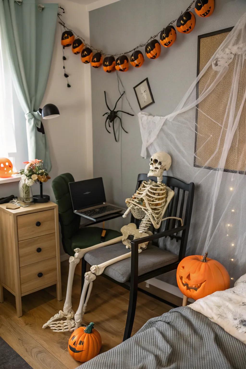 A bony figure in your bedroom adds a playful, spooky surprise.