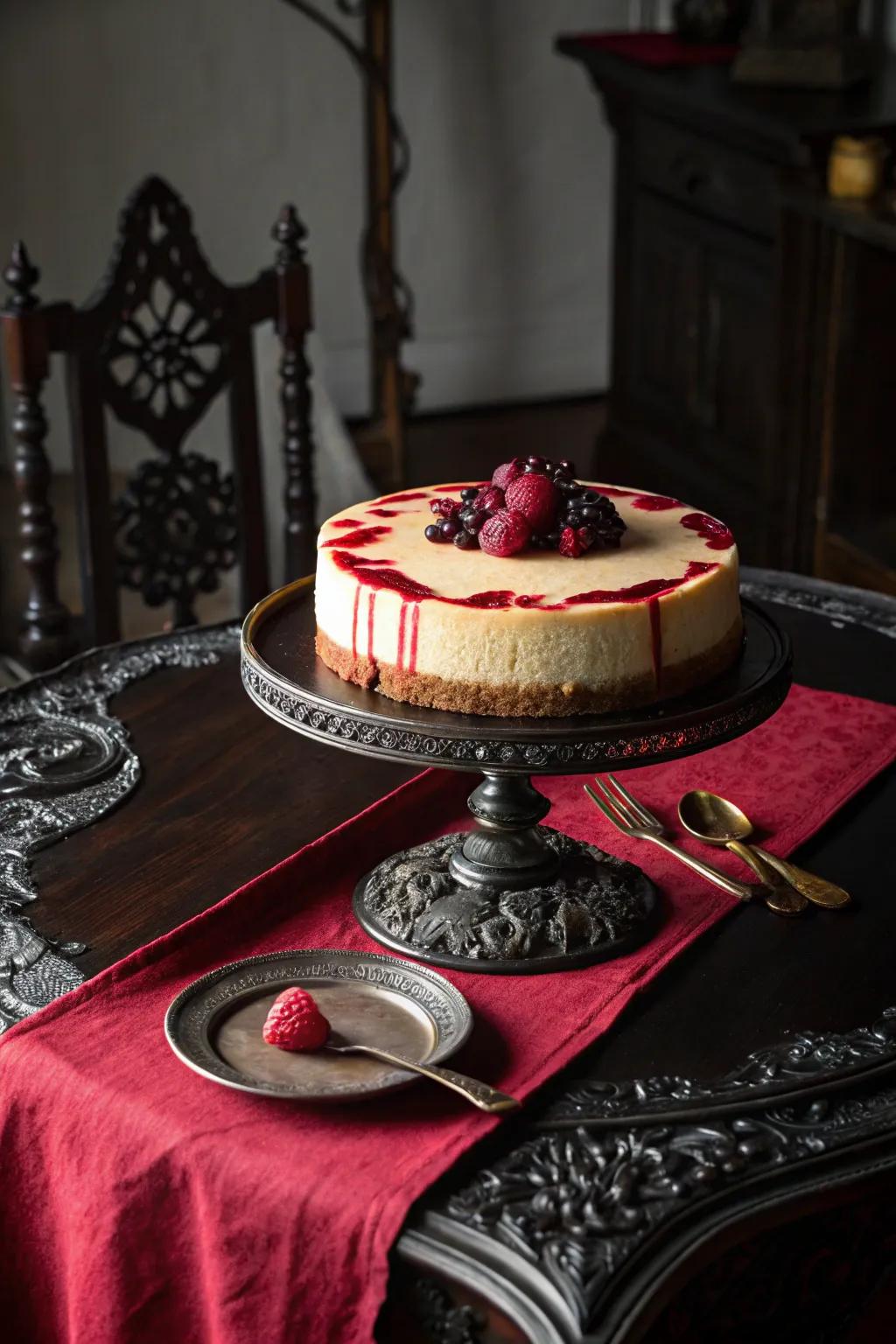 A blood-like raspberry cascade heightens the spooky factor.