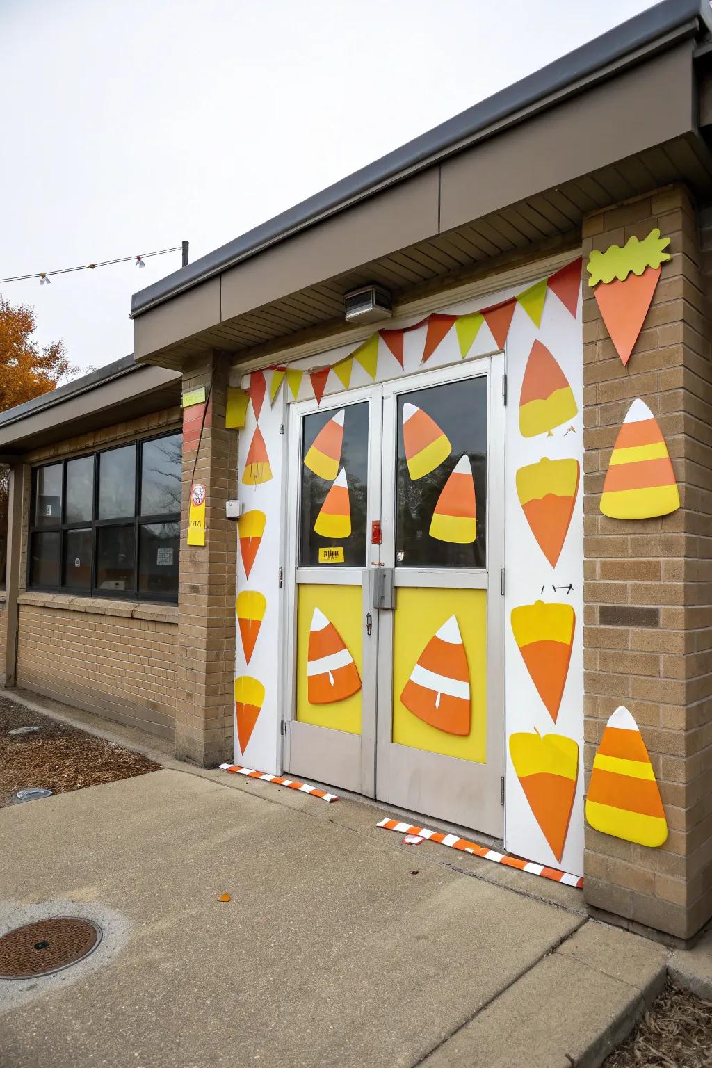 An entrance themed around confectionary kernels, conveying delightful Halloween vibes.