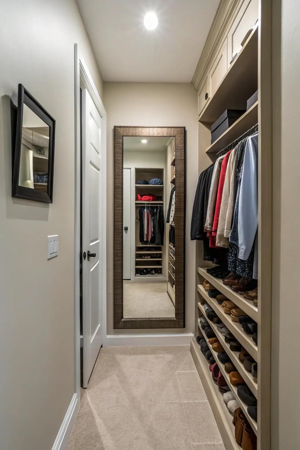 A mirror set up on the inside of a hallway closet door for convenience.