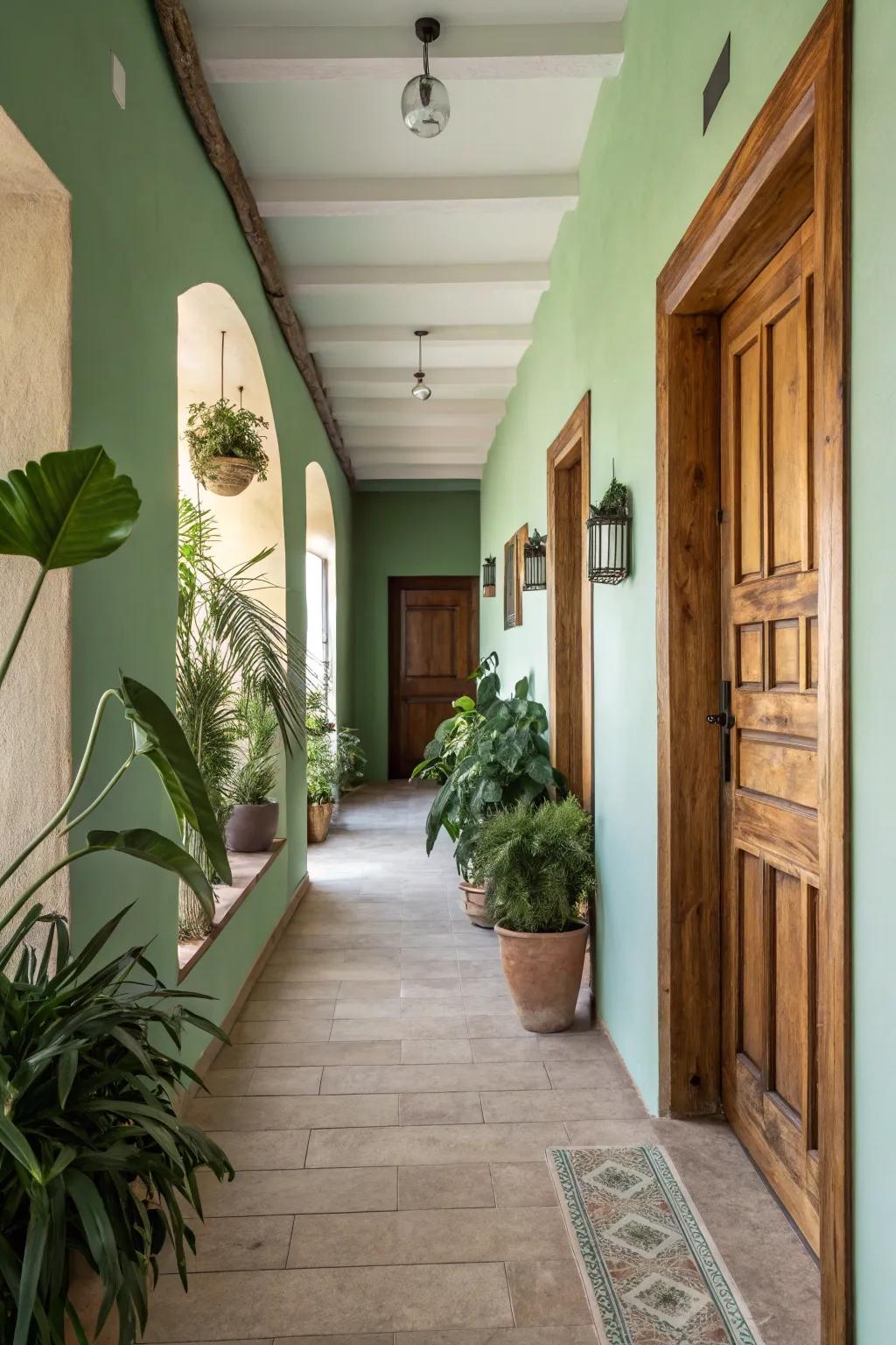 Earthy greens build a tranquil and revitalizing hallway environment.