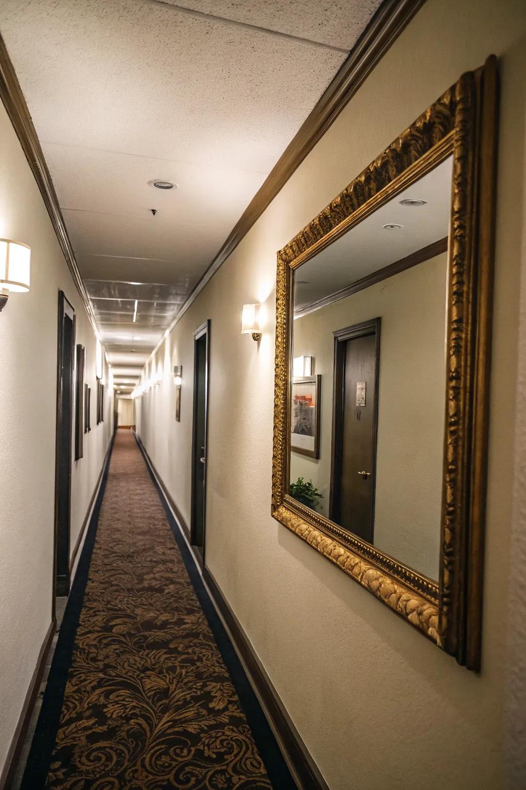 Mirrors on side walls enhance depth and light in narrow hallways.