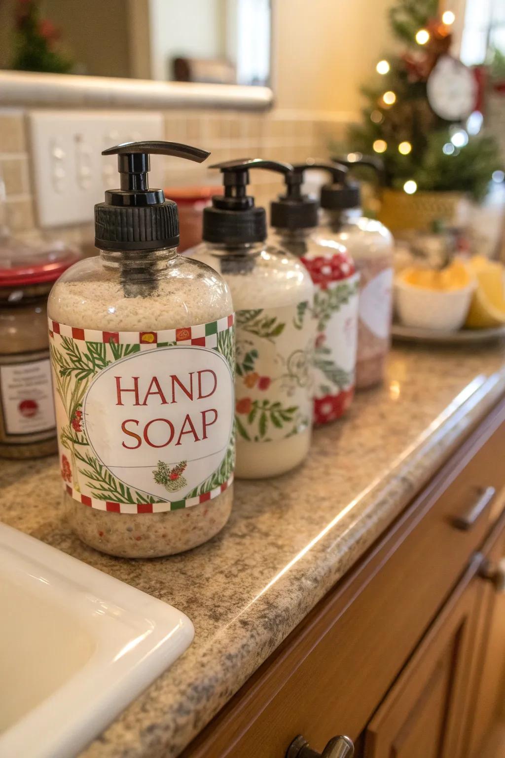 Homemade liquid soap in festive containers