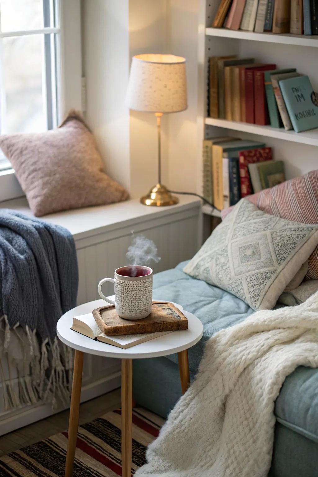 A snug spot ideal for relaxing with warm drinks.