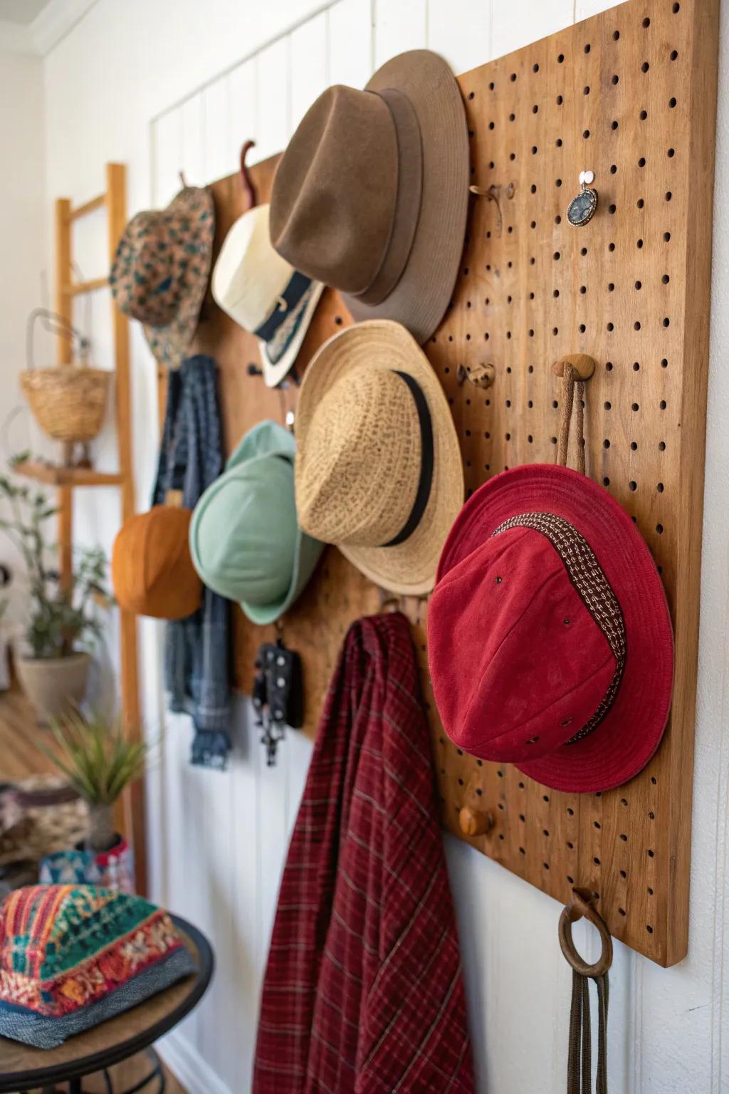 Pegboards proffer an adaptable and expandable hat safekeeping solution.