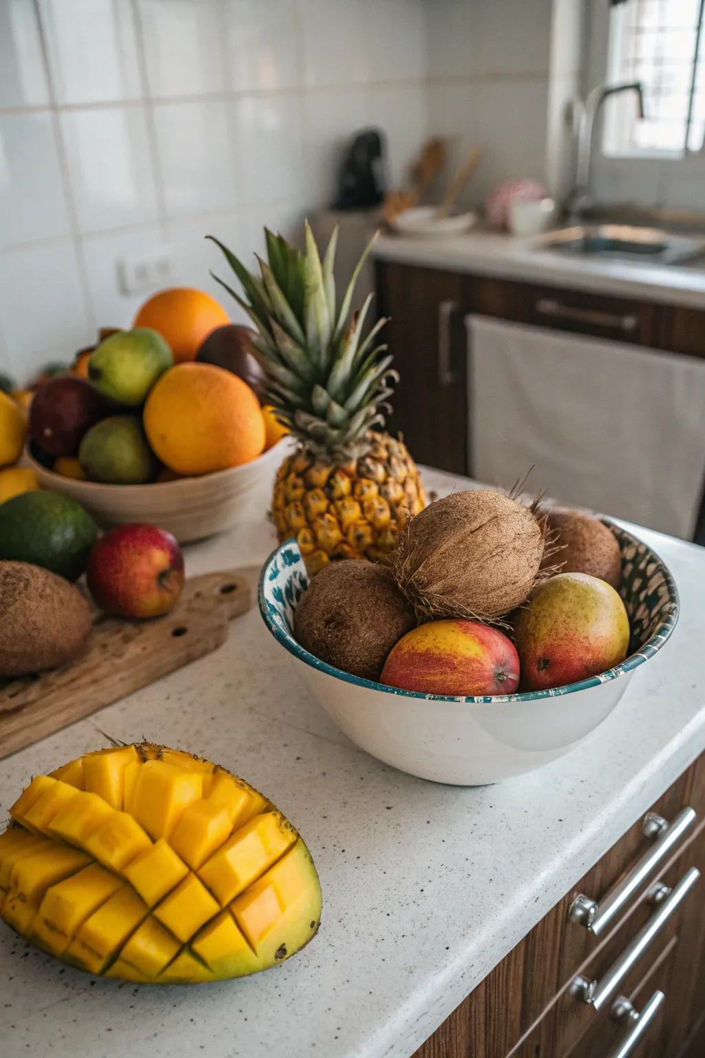 Tropical fruit arrangements add color and freshness to your kitchen.