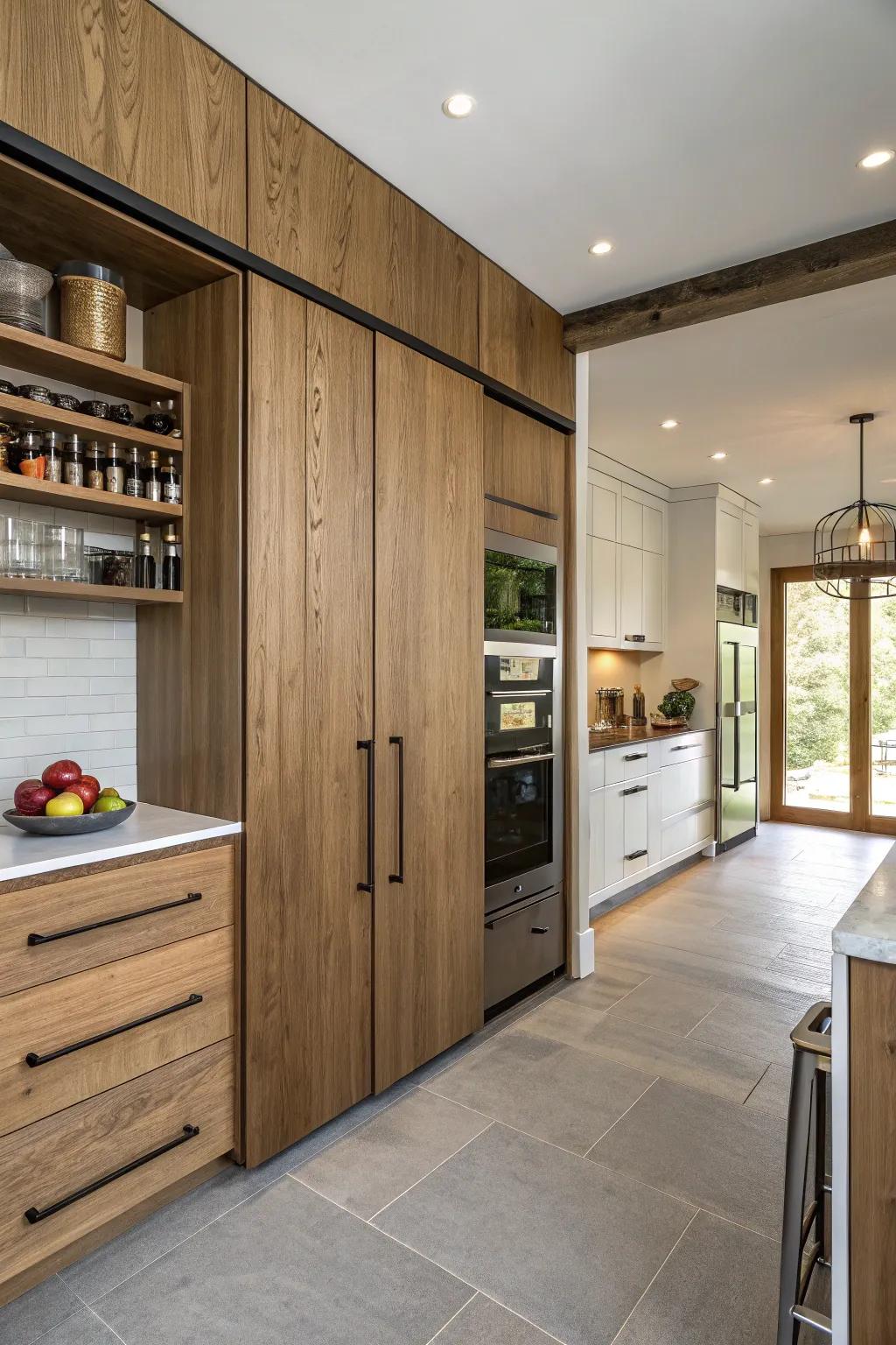 Timber and modern finishes concealing a hidden pantry in the kitchen.