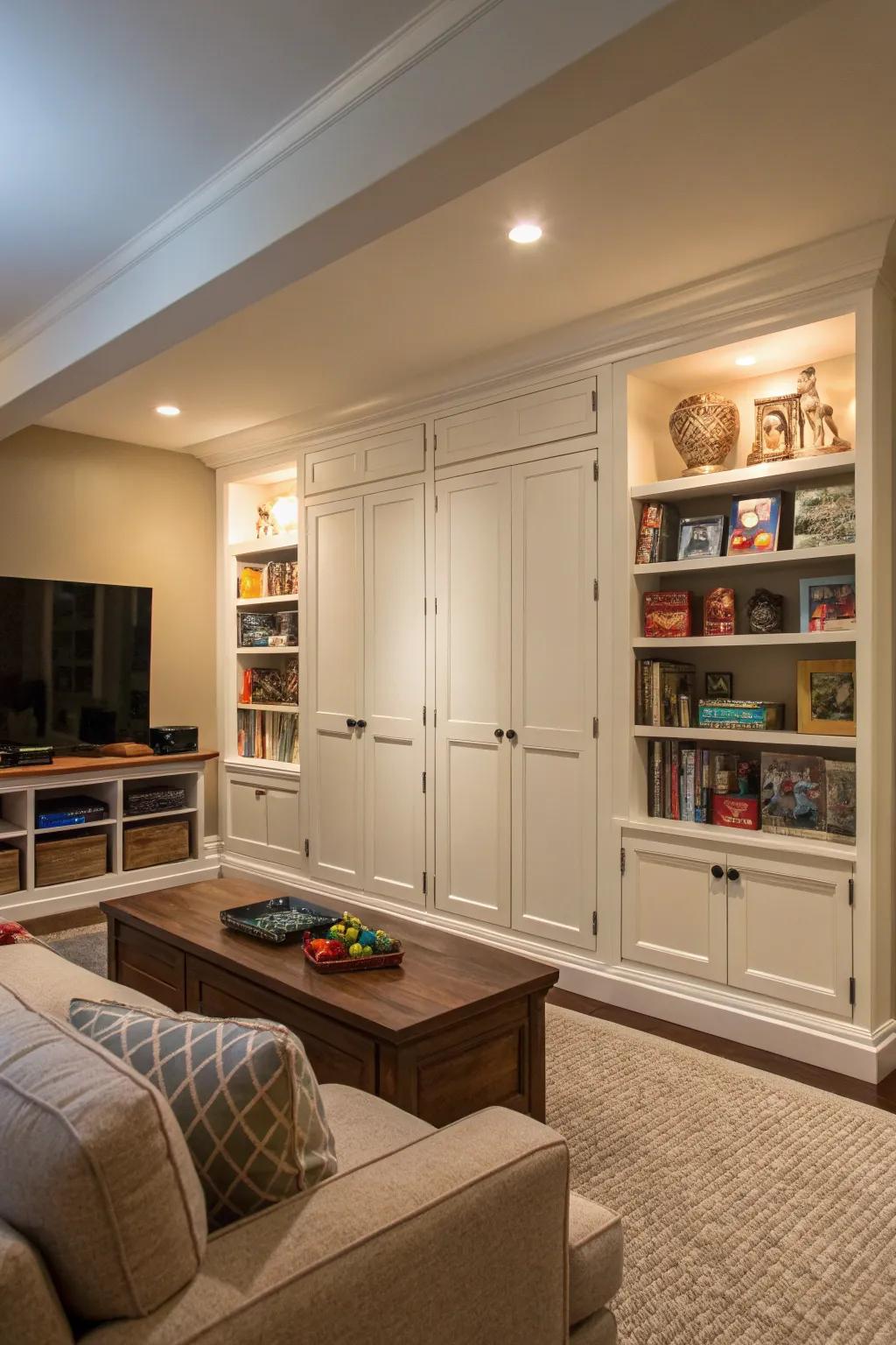 Wall-mounted cabinets for modern toy storage.