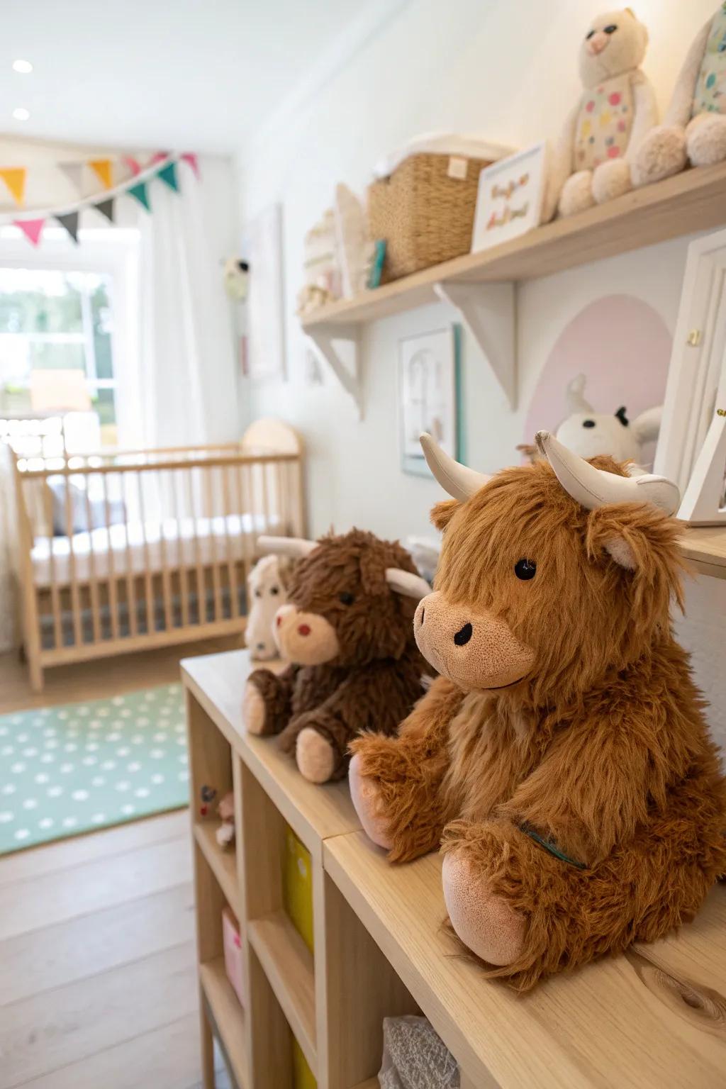 Plush playthings present both charm and comfort inside the nursery.