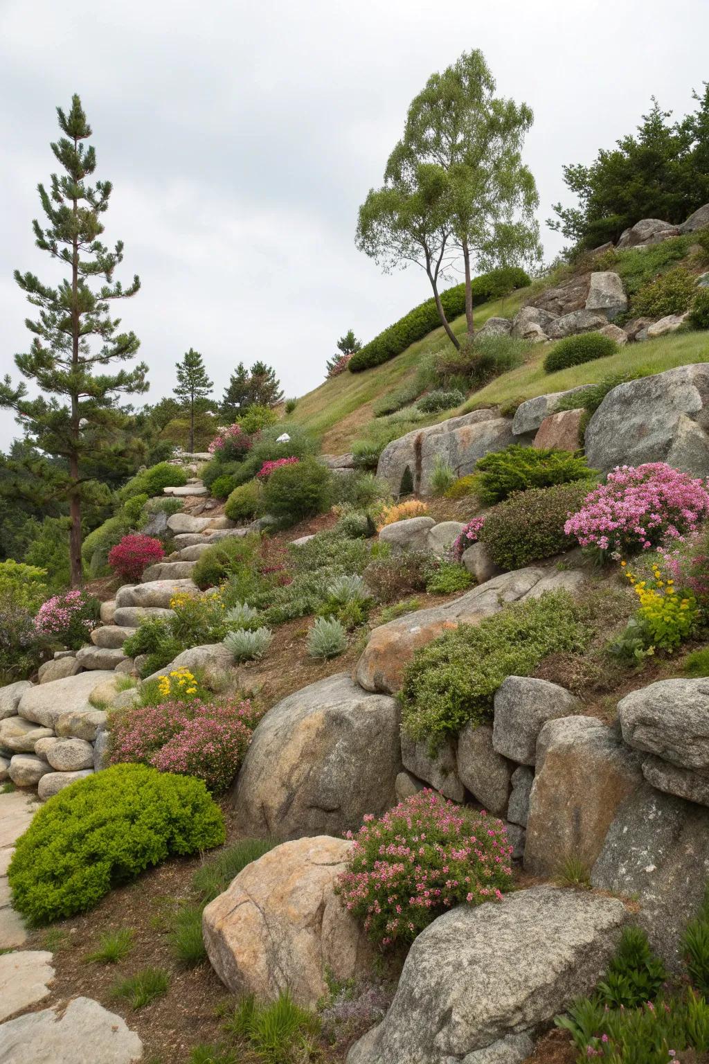 Rock gardens bring a natural and low-upkeep appeal to a hillside.