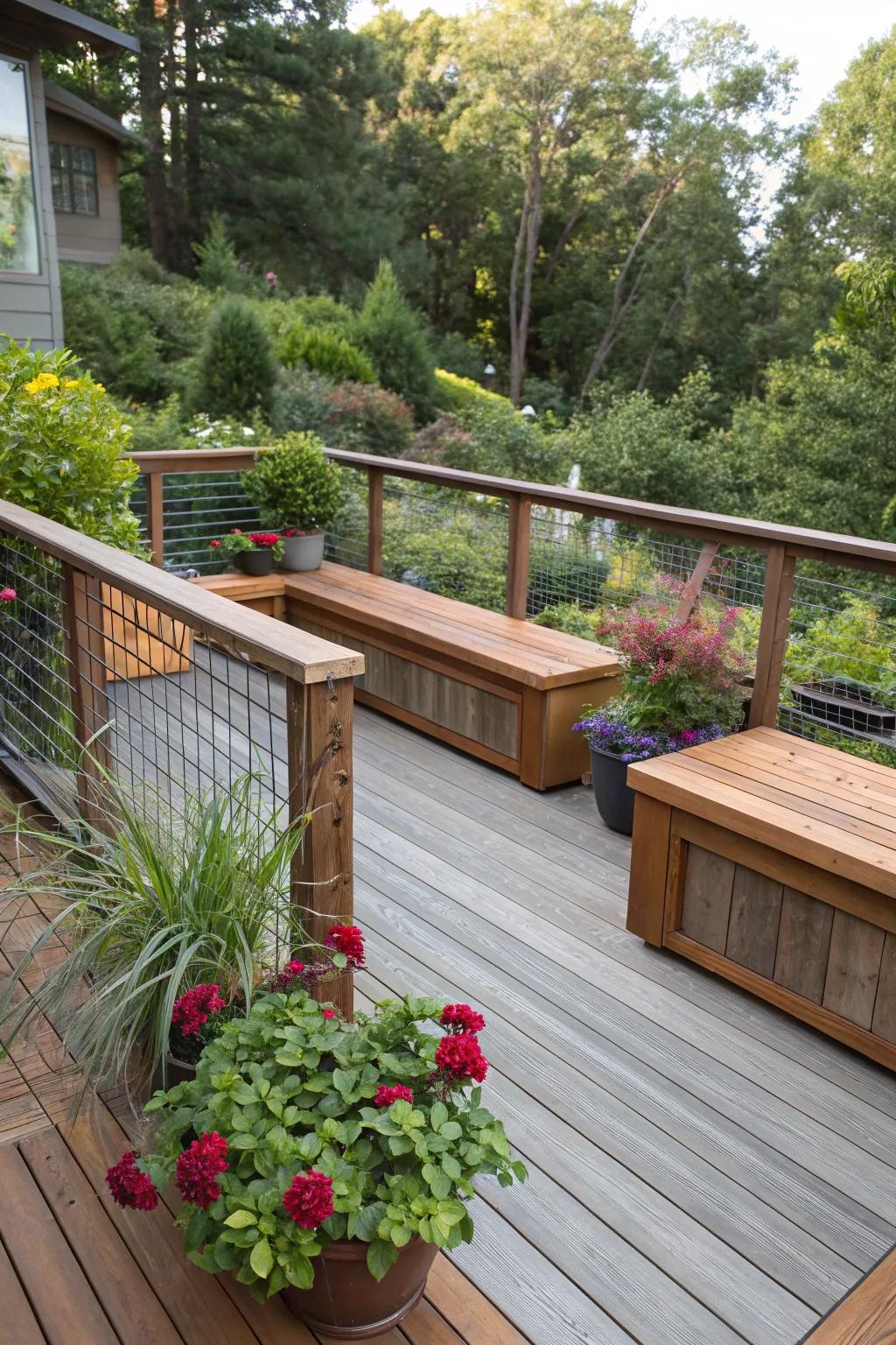 Built-in seating enhances comfort and utility on decks.