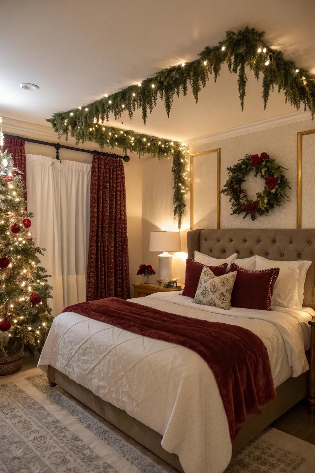 A comfortable bedroom theme with holiday elements.