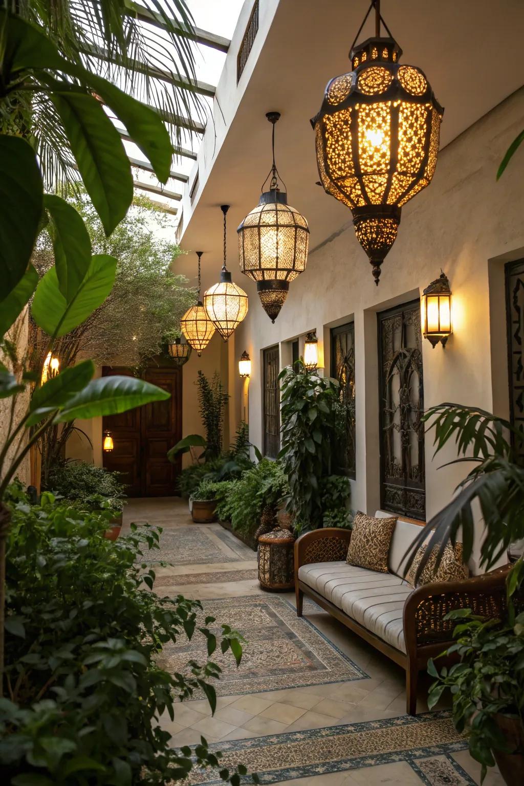 Pendant lighting adding warmth and style to an atrium.