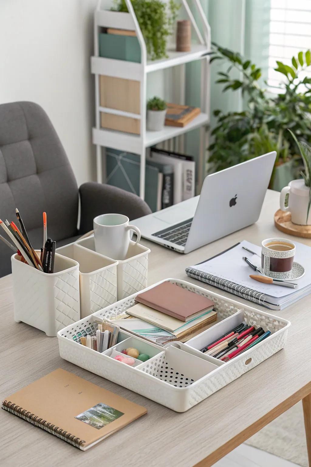 A tidy and organized home office enhanced by stylish organizers.