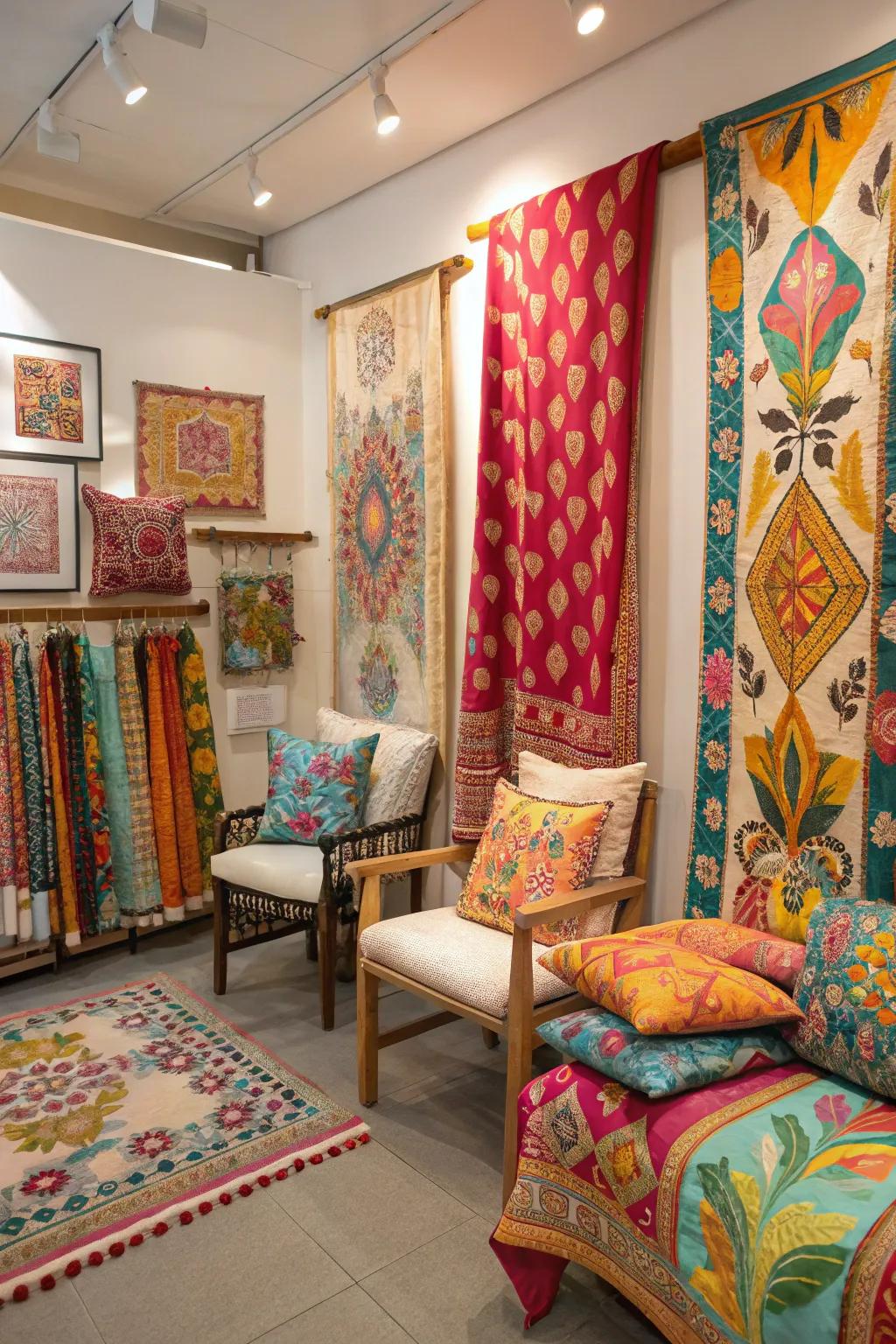 A room that features bright textile designs