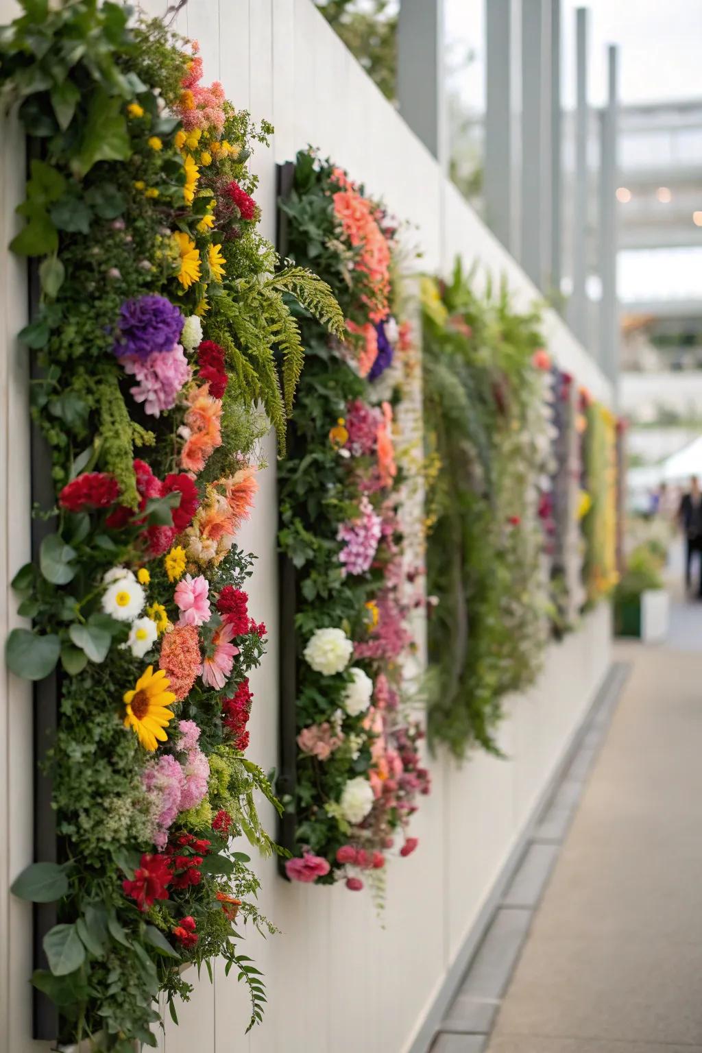 Upright floral displays turn walls into living art galleries.