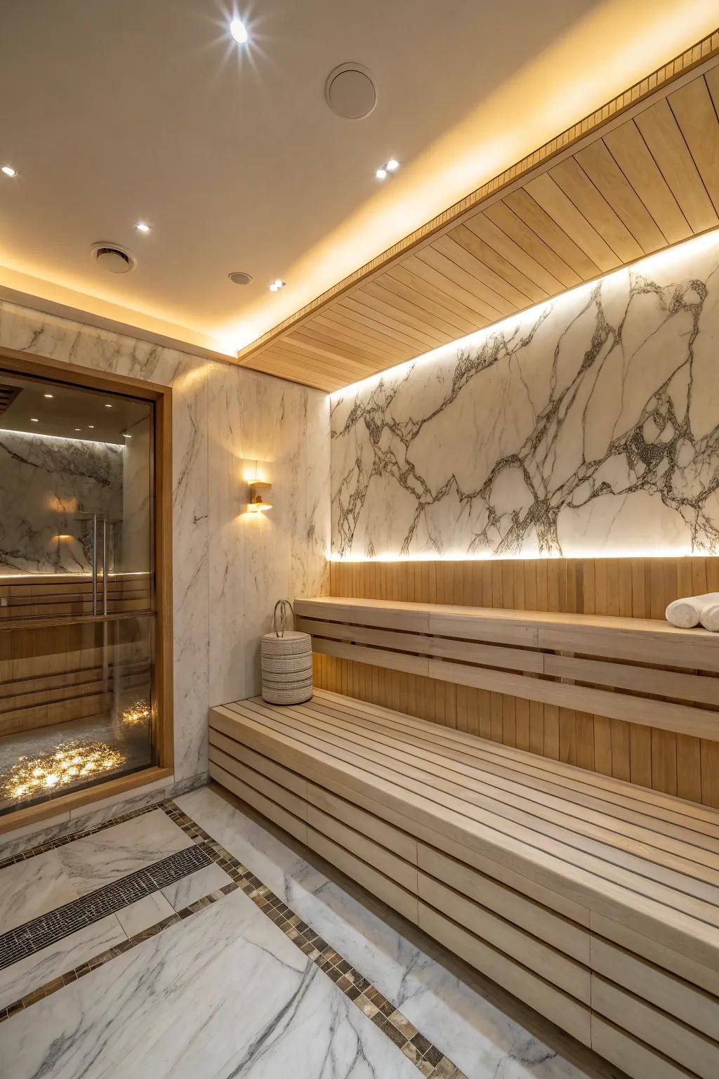This sauna has opulent details that turn it into a luxurious escape.