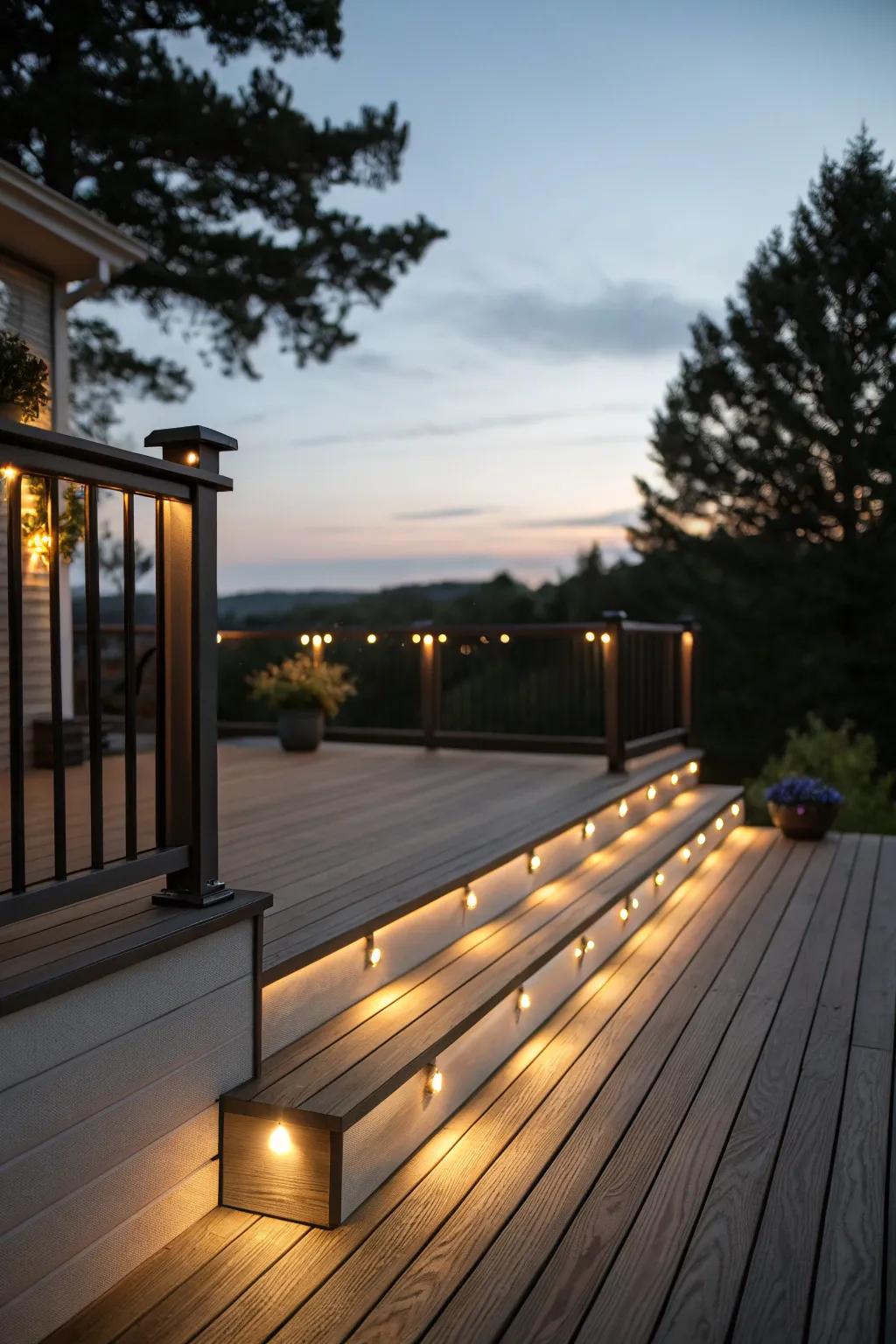 Integrated illumination adds warmth and ambiance to the deck.