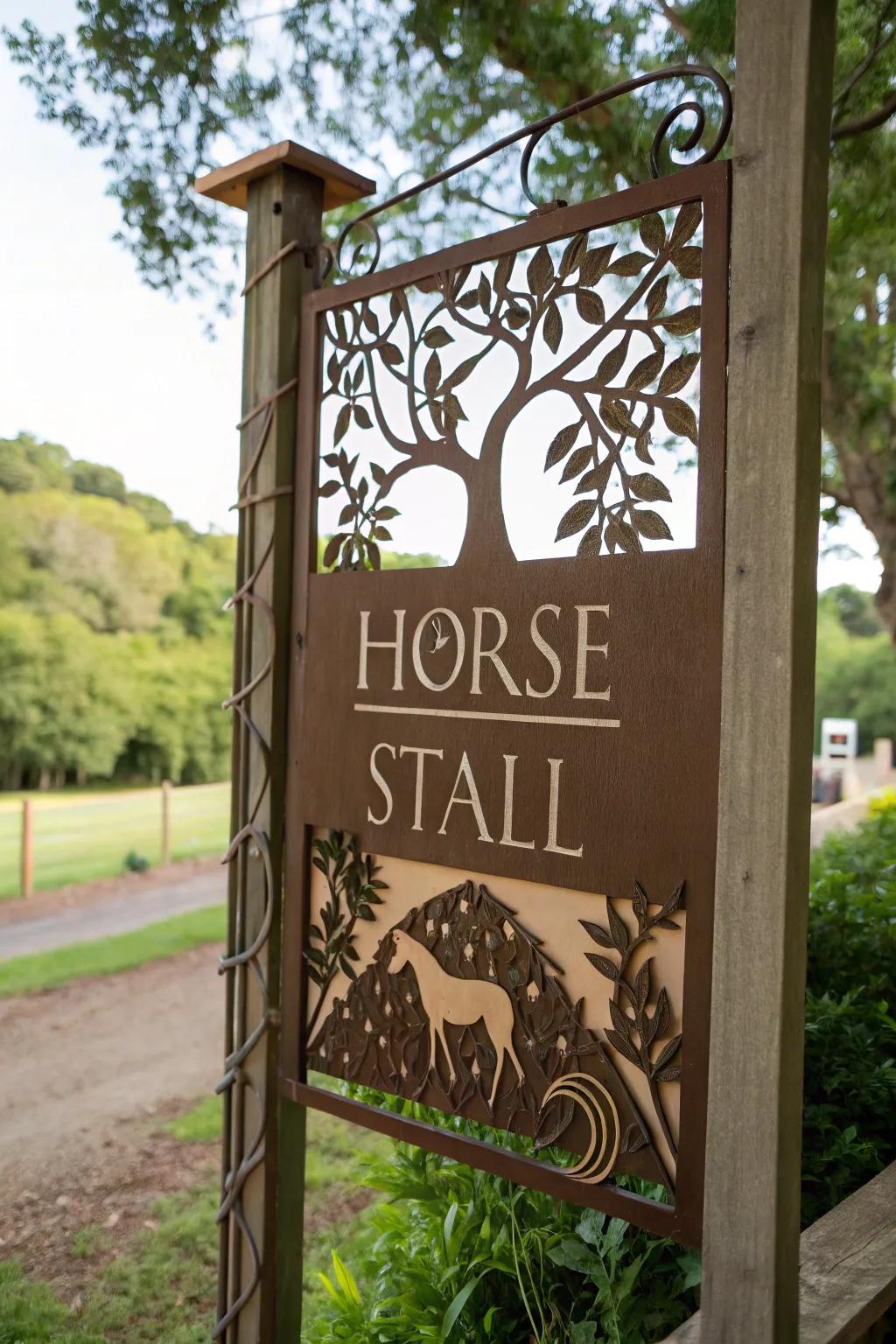 Nature-inspired components on a horse stable marker.